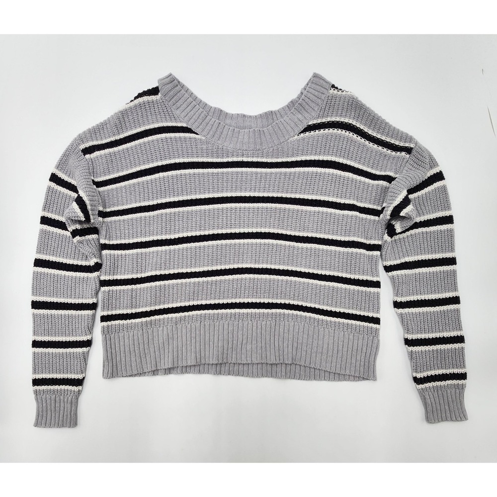 DIP WOMENS GRAY STRIPED SWEATER MID CROP LONG SLEEVE